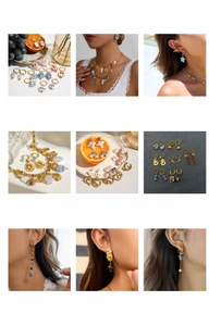 Collage of vintage blue ceramic tassel earrings and stainless steel necklaces