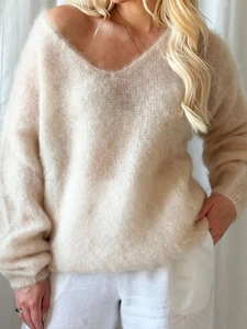 Chic beige V-neck mohair sweater for women with soft knit texture and relaxed fit