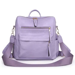 Lavender purple large capacity vintage backpack for women in high-quality PU leather