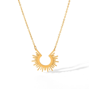 Detail of 18K gold plated sunburst pendant necklace with polished stainless steel chain
