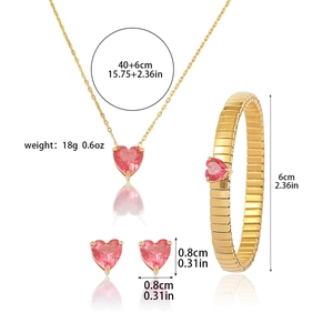Three-piece jewelry set featuring pink heart zircon necklace, bracelet and stud earrings