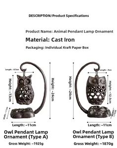 Detailed size specifications for vintage cast iron owl candle holders with hanging brackets