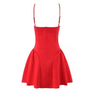 Elegant solid red backless mini dress with pleated waist and hidden zipper detail