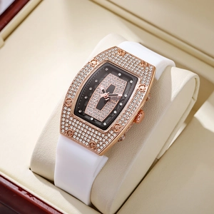 Women Tonneau Quartz Watch Luxury Rhinestone Encrusted Alloy Case Silicone Strap Fashion Sporty Elegant Wristwatch