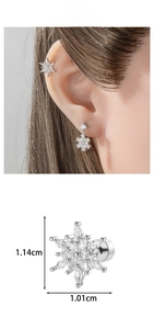 Detail view of zircon snowflake ear stud and cuff showing size 1.14cm x 1.01cm on model