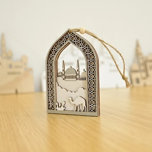 Macro shot of wooden hollow-carved mosque and camel ornament with rustic hanging rope
