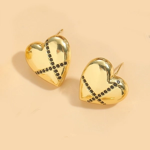 18K gold heart stud earrings with black zircon cross pattern for women fashion