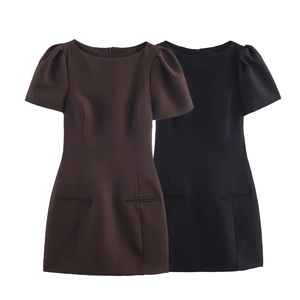 Elegant Women Mini Dress Short Puff Sleeve Round Neck Pleated Decorative Pockets A-Line Solid Polyester Retro Summer