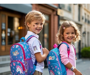Kids unicorn backpacks in pink and blue colors shown in an outdoor lifestyle scene