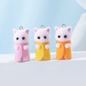 Flocked resin cat charms in pink, yellow and orange with metal rings for DIY jewelry