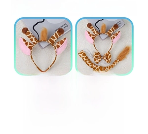 Detail of plush giraffe headband with ears, horns, matching bow tie and spotted tail