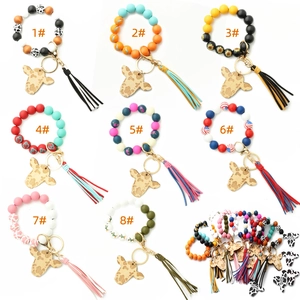 Western style cowhead beaded wristlet keychain set with tassels in eight color patterns