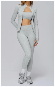 Close-up of grey long-sleeved athletic jacket with thumbhole cuffs and zip pocket detail