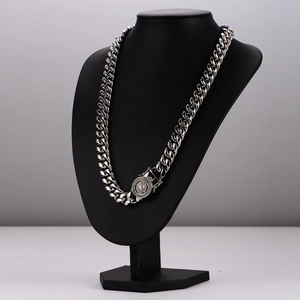 Silver stainless steel Cuban link necklace with a diamond-studded lion head clasp