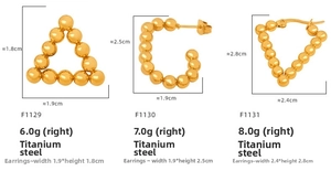 Detailed view of 18k gold plated titanium steel ball earrings in three geometric shapes