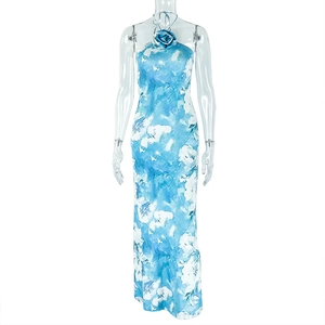 Detail of elegant halter neck maxi dress with 3D fabric rose and blue floral print