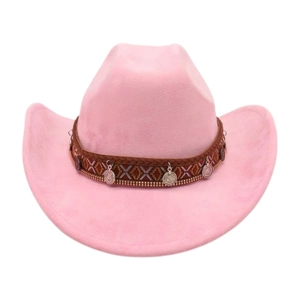 Western Cowboy Hat Suede Wide Brim With Ethnic Braided Band And Metal Coin Pendants Vintage Bohemian For Outdoor Travel