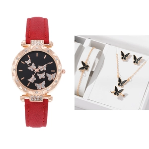 Damen Mode Quarz Uhr Schmuck Set Schmetterling Strass Zifferblatt Legierung Lederband Halskette Armband Ohrringe Ring