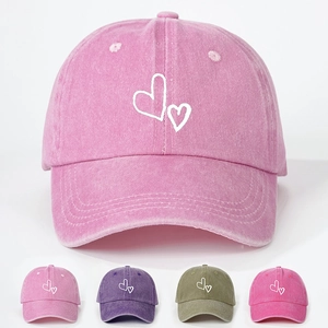 Vintage Washed Polyester Baseball Cap Double Heart Embroidery Adjustable Curved Brim Distressed Outdoor Sun Hat