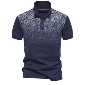 Detailed view of navy blue Polo shirt featuring grey floral patterns on chest and collar