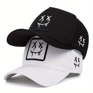 Outdoor sun protection baseball caps with minimalist smile face embroidery in black and white