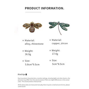 Detailed size and weight specs for vintage enamel bee and dragonfly crystal brooches