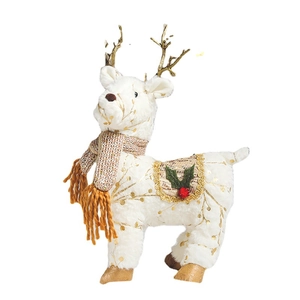 White plush Christmas reindeer figurine with gold antlers and knitted orange scarf