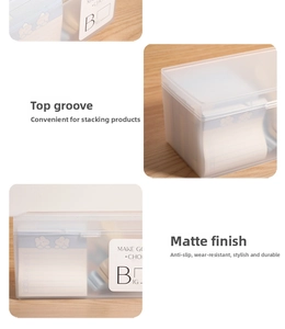 Detail of frosted transparent organizer box featuring top grooves for stable stacking