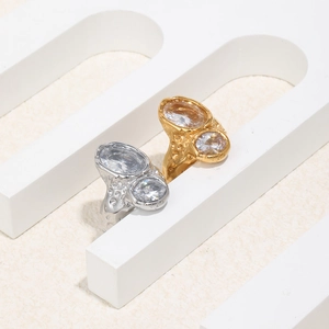 18K gold and silver plated stainless steel ring with lava texture and zircon stones