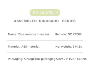 Detailed specifications chart for the take apart dinosaur toy set in storage box