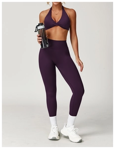 Ensemble soutien-gorge de yoga dos nu violet foncé avec nœud croisé et legging taille haute