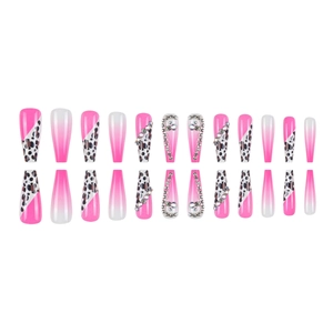 Long coffin leopard print press-on nails set with rhinestones and pink gradient design