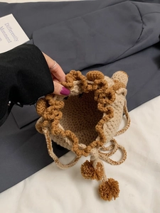 Handmade crochet teddy bear drawstring bucket bag with beige wool and ruffle edge