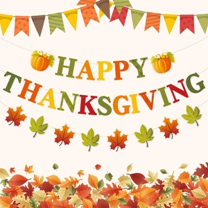 Bannière Happy Thanksgiving colorée avec feuilles d'automne et fanions décoratifs