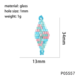 Detailed glass seed bead diamond charm dimensions showing 34mm size and 1mm hole