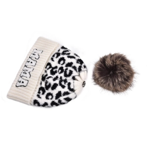 Detail of leopard print knitted beanie with MAMA embroidery and brown faux fur pom-pom