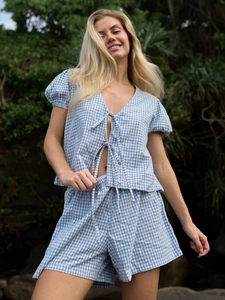 Femme Gingham Coton Col V Noué Devant Manches Bouffantes Chemise Et Short Tenue Vacances Décontractée