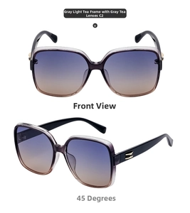Close-up of square polarized sunglasses with grey tea frames and gradient lenses