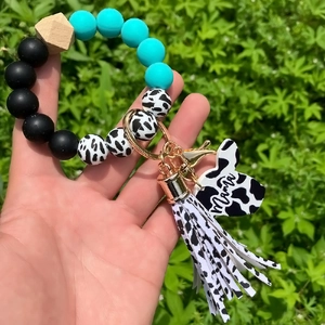 Silicone bead keychain bracelet with leopard print Mama tag and cow print tassel