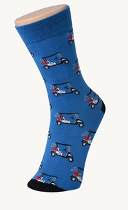 Detail of blue crew sock with golf cart pattern and black heel on mannequin foot
