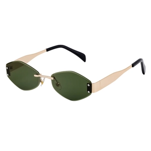 Diamond-cut rimless sunglasses with green lenses and gold metal temples for women