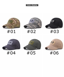 Detail display of six tactical K-9 baseball caps in various camo and solid colors