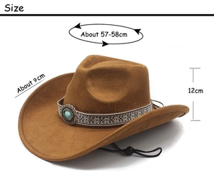 Brown western wool felt hat with turquoise ethnic band detailing and size specs