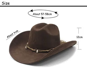 Size chart showing 57-58cm head circumference for brown suede cowboy hat with shell band