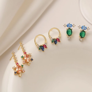 Colorful Zircon Copper Earrings For Women Geometric Flower Shape Inlaid Rhinestone Fashion Elegant Jewelry