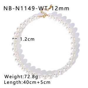 Detail of 12mm white pearl necklace with adjustable gold clasp and size measurements