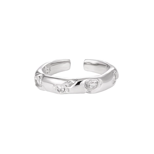 Minimalist S925 sterling silver open ring with textured lava design and clear zircons
