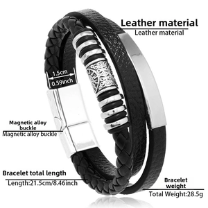 Detail of multi-layer braided leather bracelet with silver magnetic buckle and dimensions