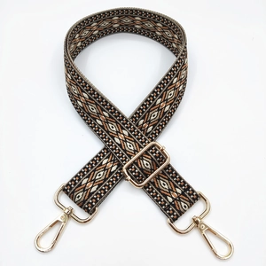 Ethnic embroidered jacquard bag strap with geometric rhombus patterns and gold buckles