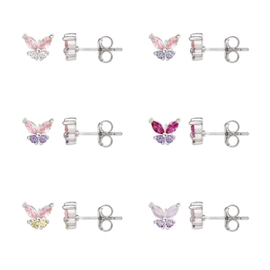 Colorful butterfly stud earrings set with vibrant cubic zirconia in silver-plated settings